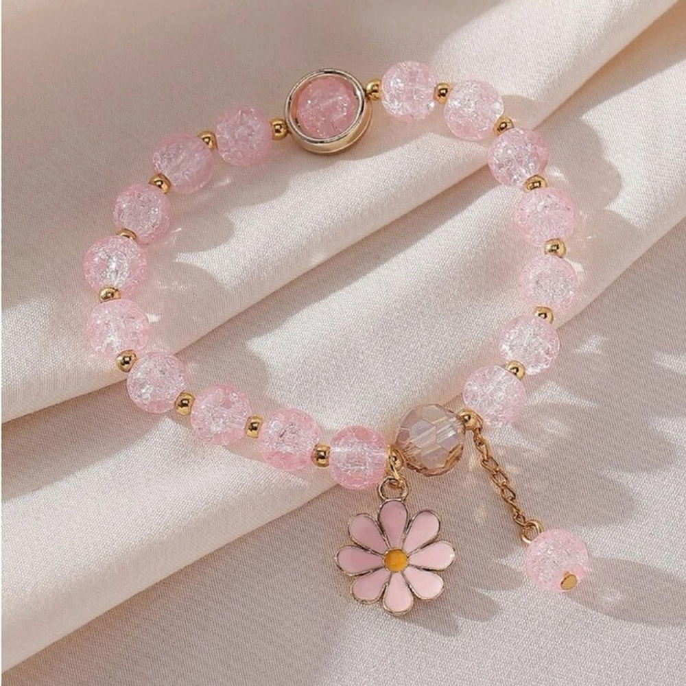 ⚠️Clearance Pink And Gold Flower Charm Beaded Bracelet SS - Picture 2 of 6